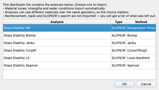 GeoStudio import — choosing an analysis