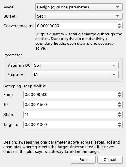 Parametric dialog in Seepage mode