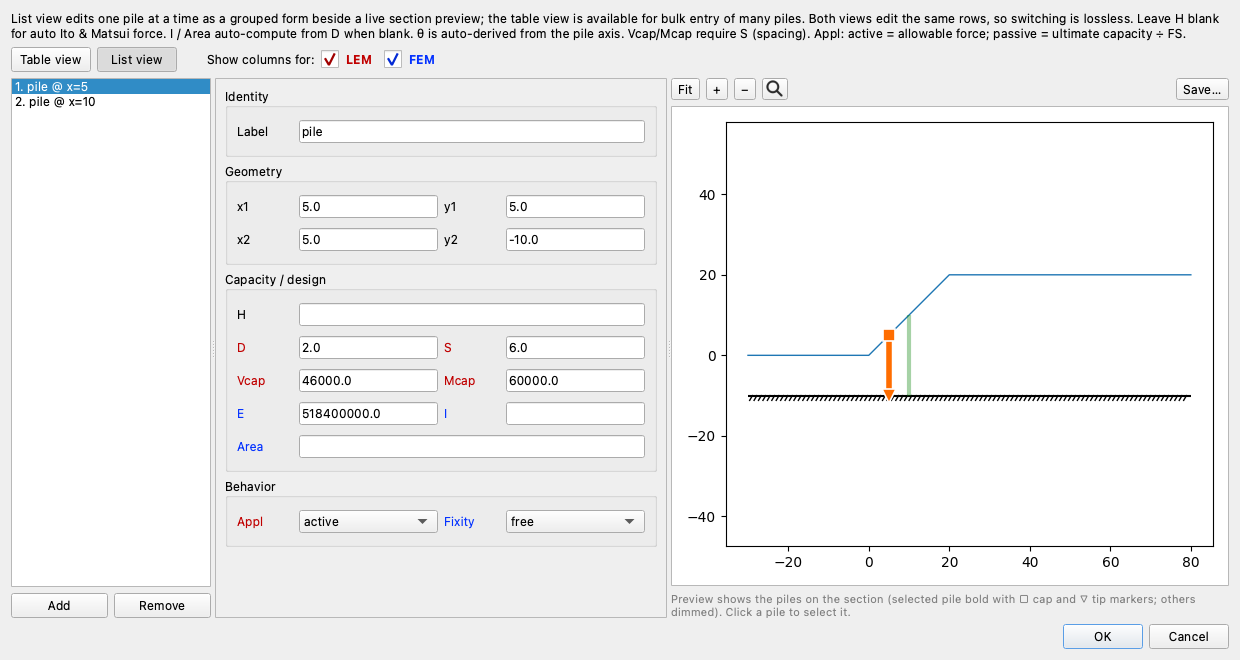 Piles editor (list view)