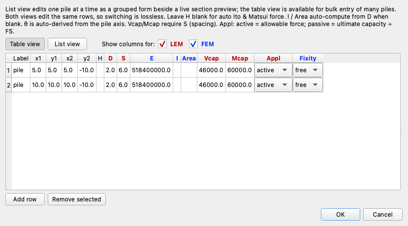 Piles editor (table view)