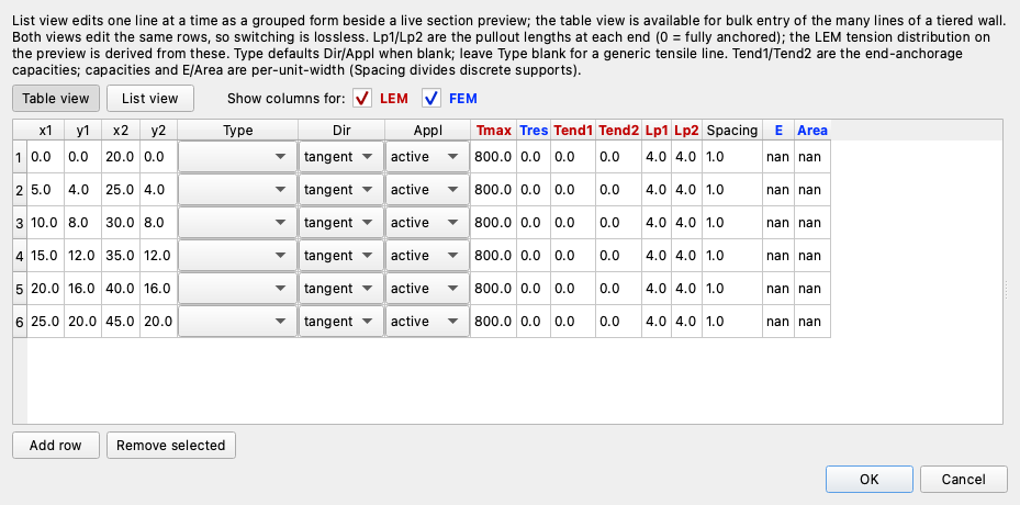 Reinforcement editor (table view)